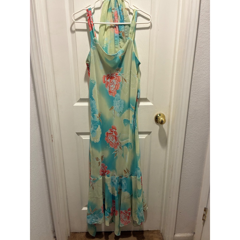 Sharon Max Floral Cowl Neck Maxi Dress Scarf Blue Green Vintage 90s USA